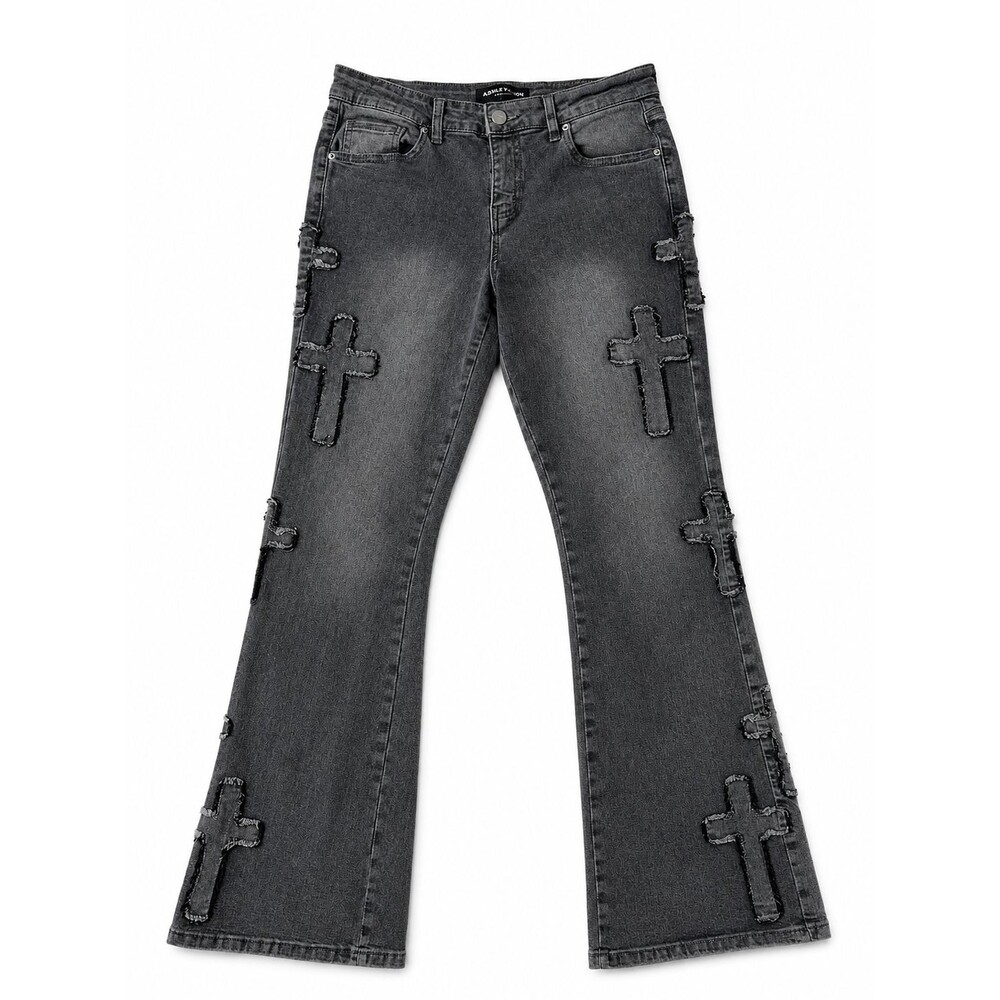 Women's Ashley Mason Faded Black/Gray Grunge Cross Patchwork Jeans Size 5/27